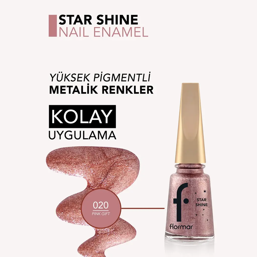 طلاء أظافر Flormar Star لامع مكثف بصبغة عالية معدني بمظهر 020 وردي Gift